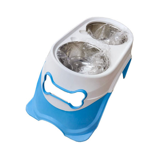 Plato Doble para Mascotas 18.5″ con Acero Inoxidable – Blanco y Celeste