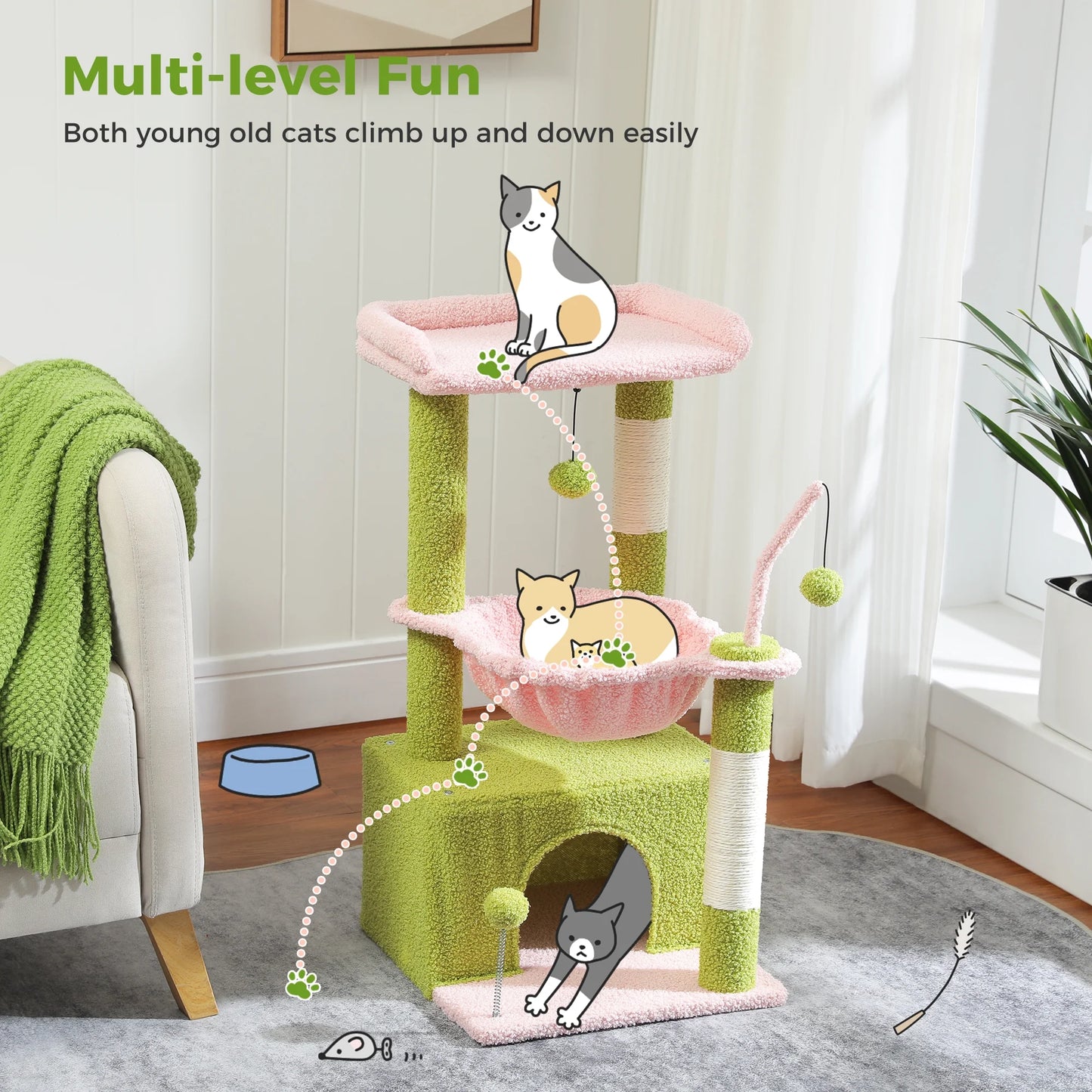 PAWZ Road Cactus Cat Tree Tower with Condo, Hammock & Scratching Posts – Cute Activity Center for Kittens & Cats
